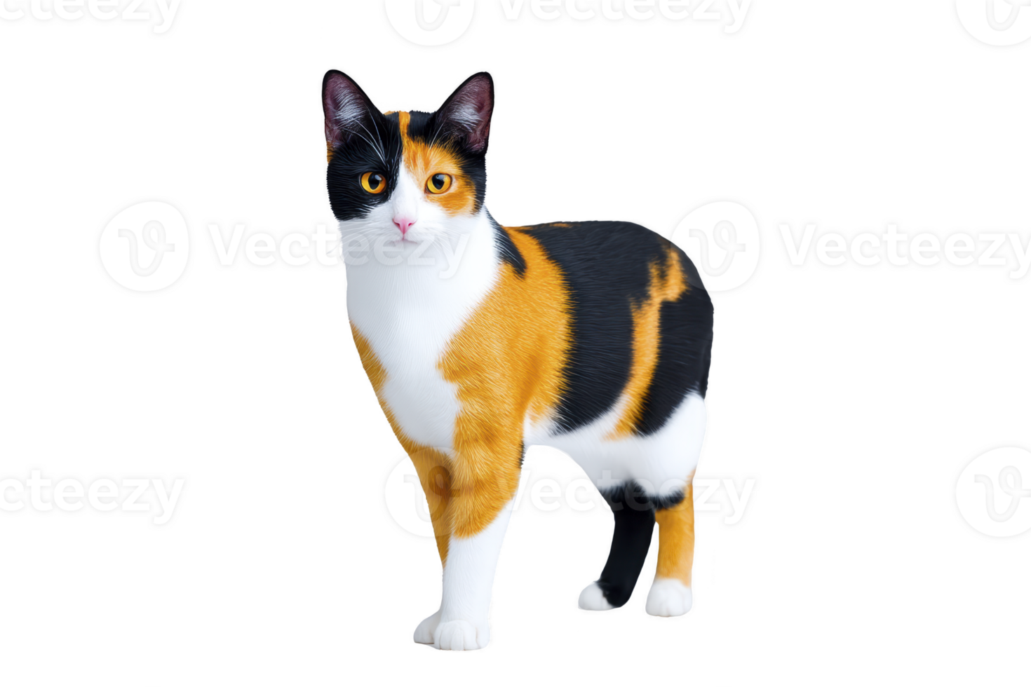Calico cat with striking mix of orange, black, and white fur stands gracefully, showcasing its unique and vibrant coat pattern. cat alert expression adds to its charming presence png
