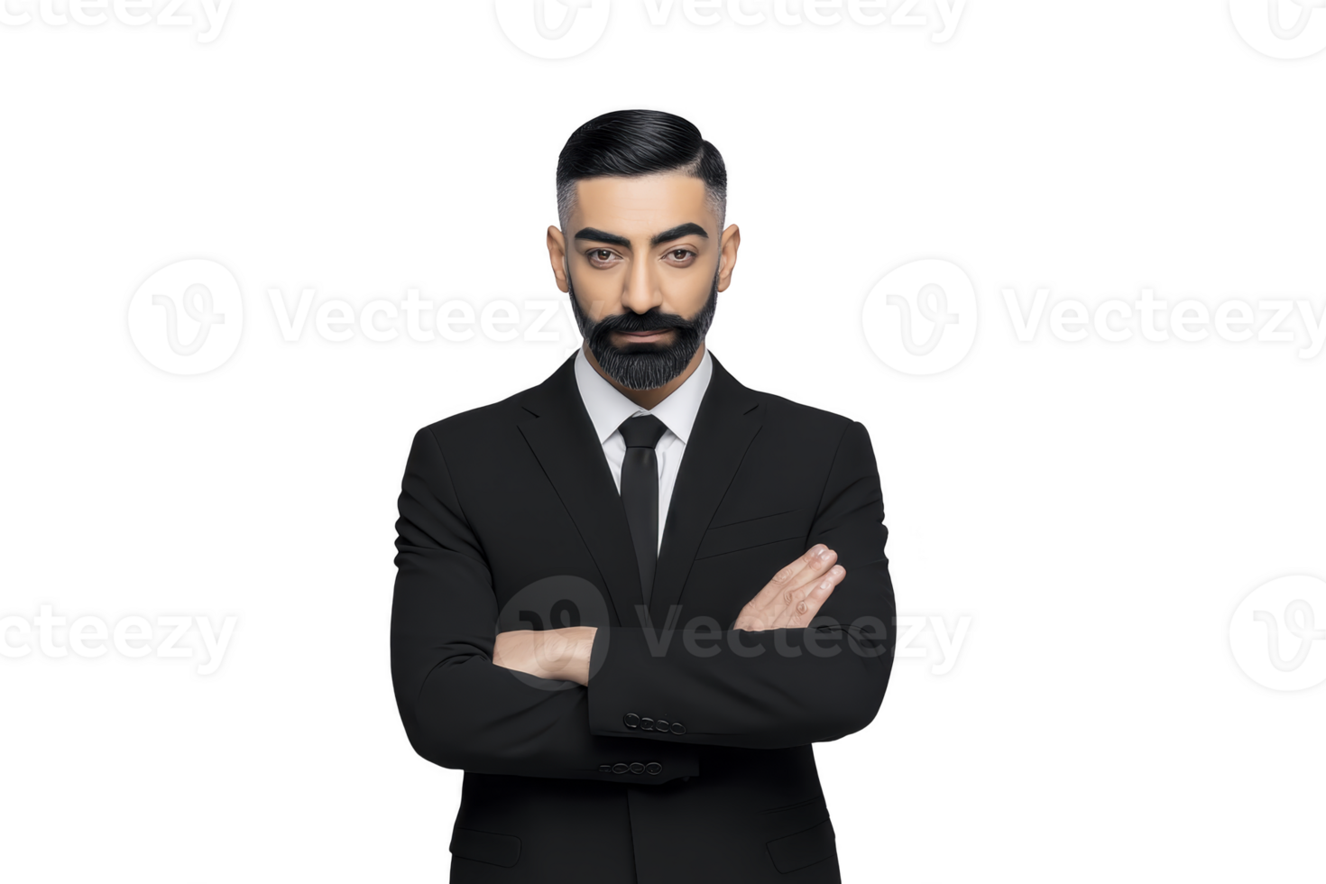 Confident man in black suit and tie stands with arms crossed, exuding professionalism and authority. His well groomed beard and slicked back hair add to his polished appearance png