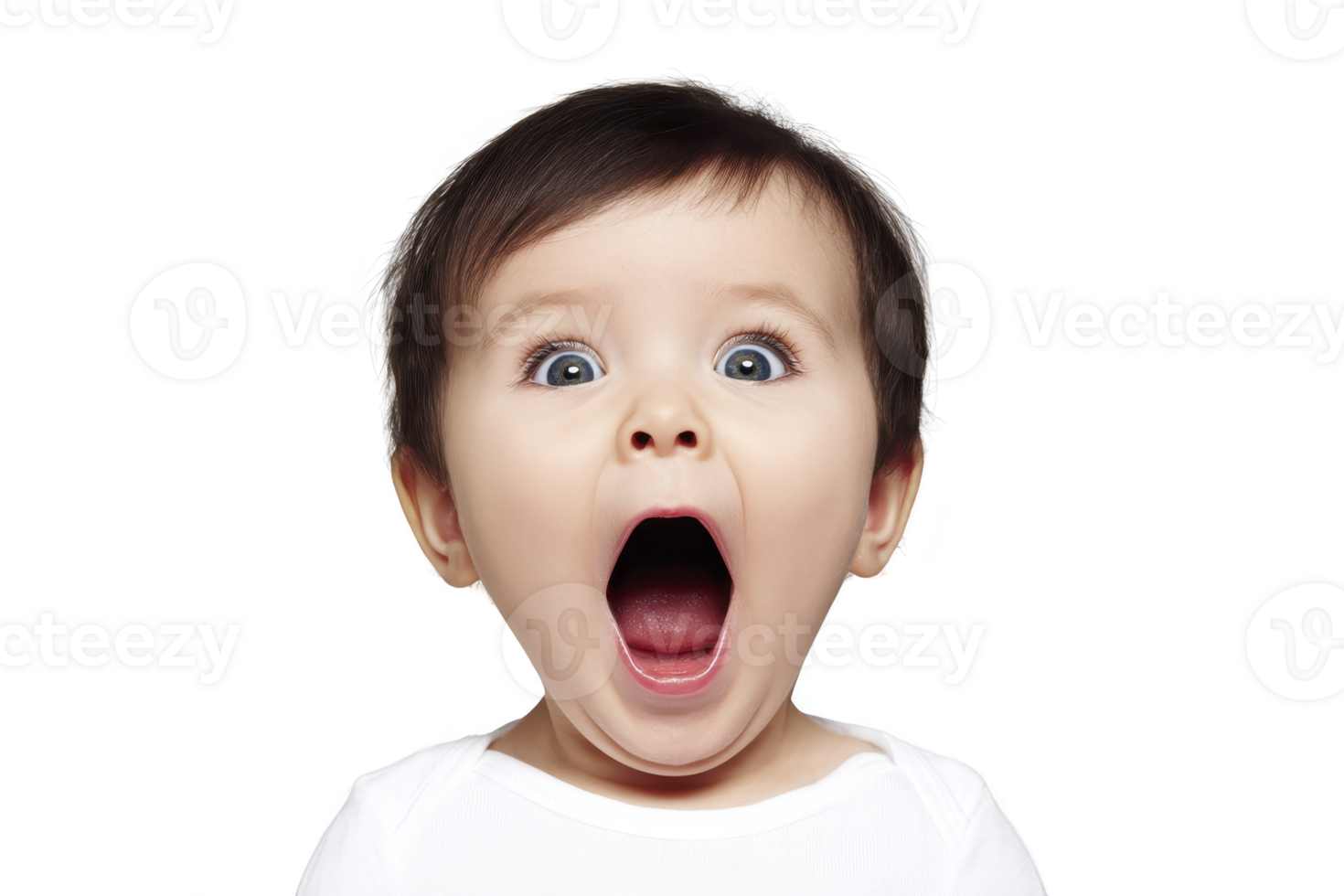 Surprised baby with wide eyes and open mouth, wearing white shirt, isolated on transparency background. expression is one of amazement and curiosity png