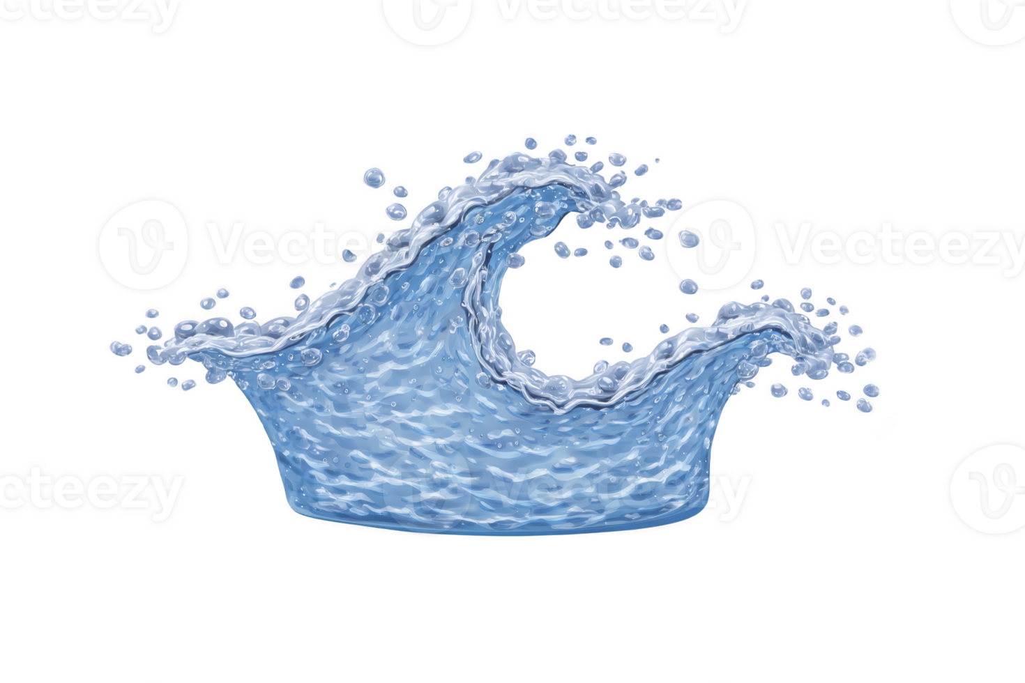 Dynamic splash of water forms wave shape, with droplets scattering in various directions against transparent background. image captures fluidity and motion of water png