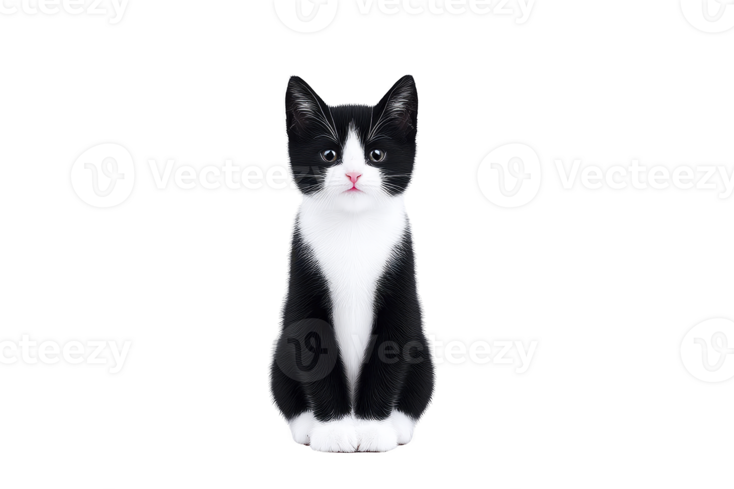 Cute black and white kitten sits calmly, its fur contrasting sharply against background. kitten attentive gaze and soft fur create charming and serene image png