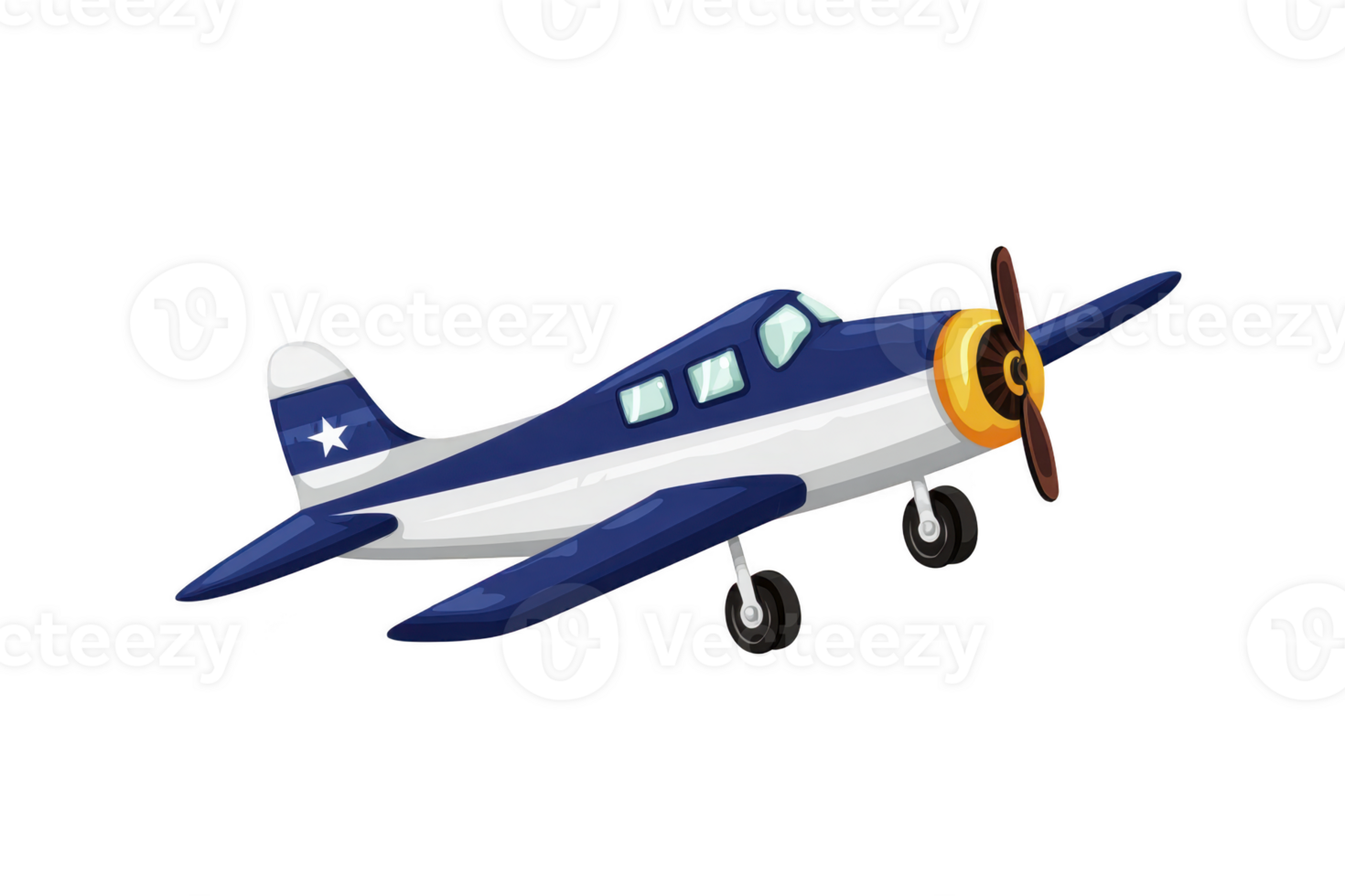 Blue and white vintage propeller airplane with star on tail is depicted in cartoon style, showcasing nostalgic and playful design png