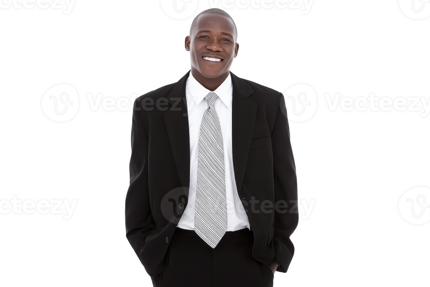 Smiling man in formal black suit and striped tie stands confidently against plain background, exuding professionalism and warmth png