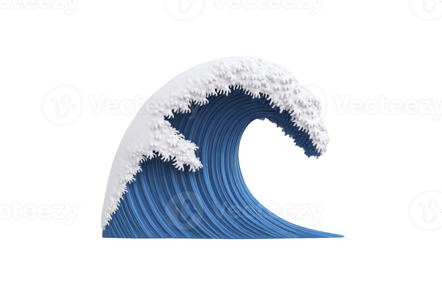 Stylized blue ocean wave with white frothy crest, resembling classic Japanese art style, is depicted against transparent background. wave dynamic form conveys movement and energy png