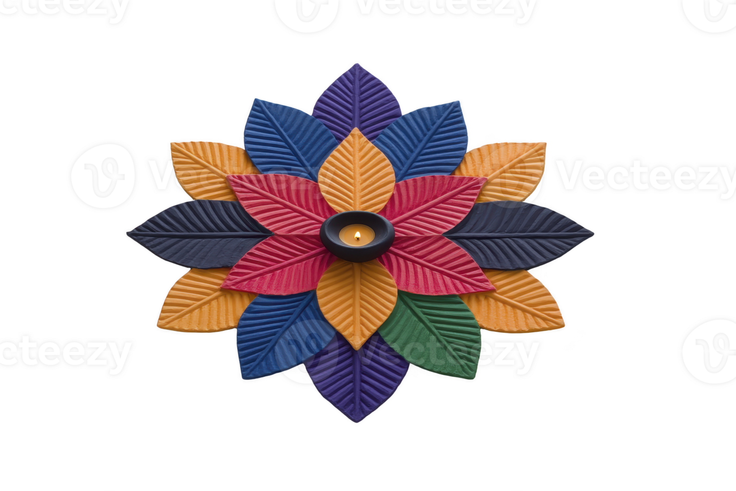 Vibrant, colorful leaf patterned rangoli design with central candle creates festive and warm atmosphere. intricate arrangement features red, blue, orange, and green leaves png