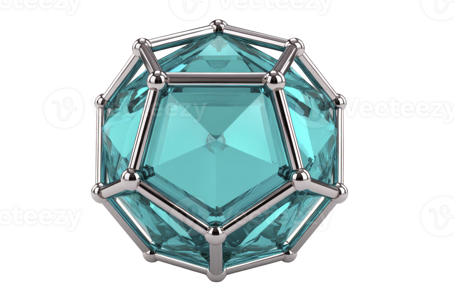 Geometric 3D shape with metallic frame encases transparent blue polyhedron, creating futuristic and intricate design. structure is visually striking and complex png