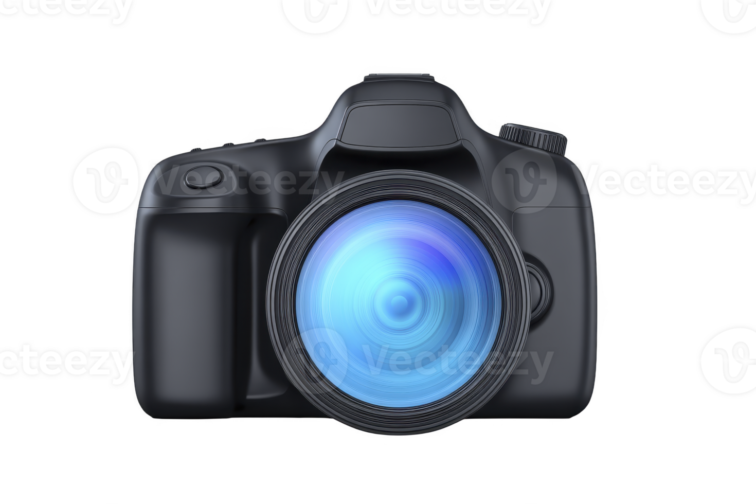 Digital camera with large blue lens is depicted, showcasing modern photography equipment. camera is black, emphasizing its sleek and professional design png