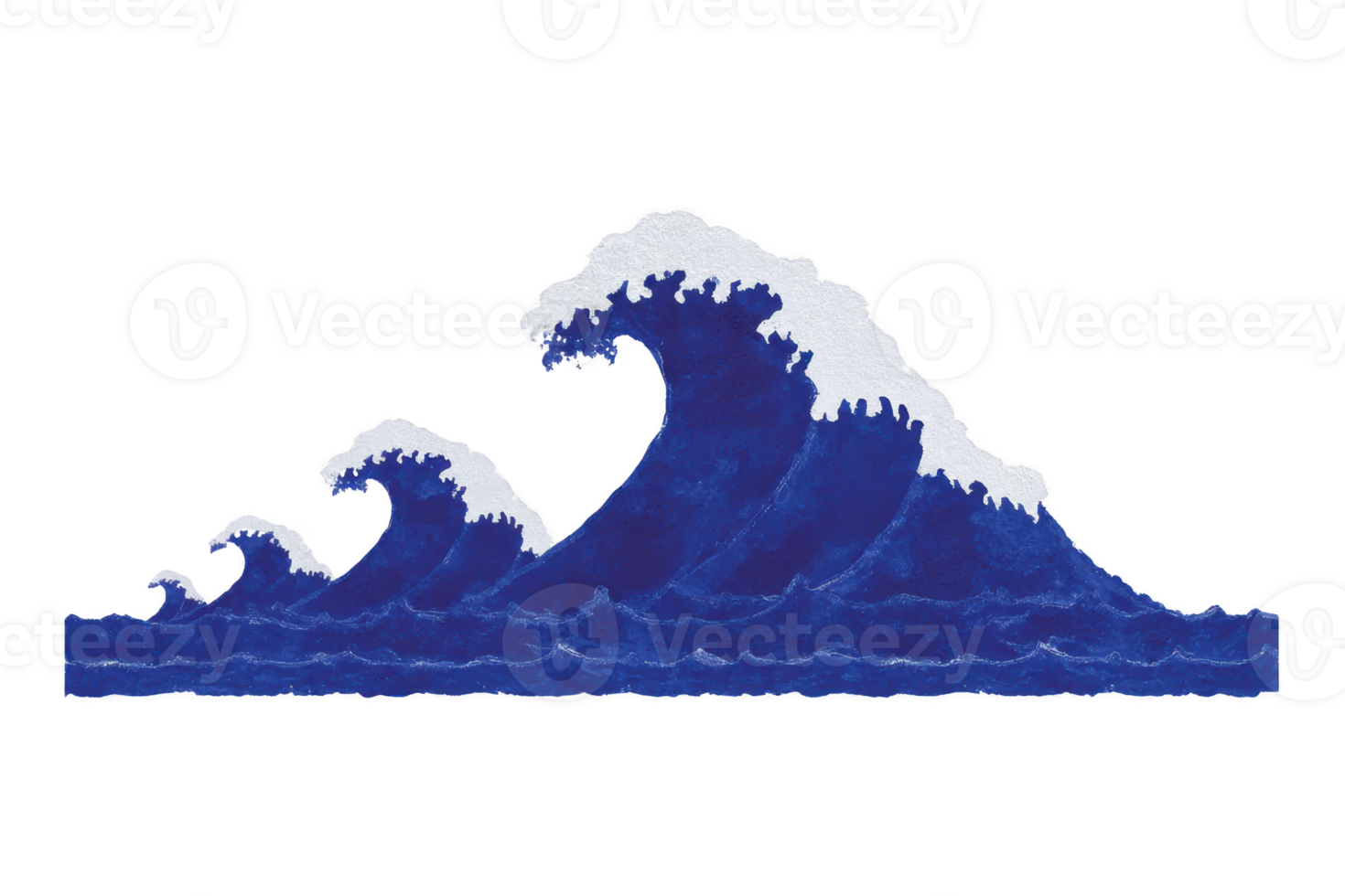 Stylized illustration of three ocean waves with white crests, set against transparent background, evokes sense of movement and power. deep blue color adds dramatic effect png