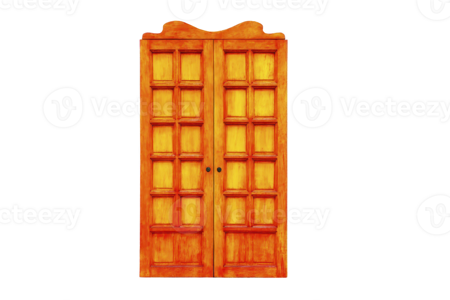 Vibrant wooden double door with decorative top and square panel design, showcasing warm orange and yellow color scheme, perfect for adding rustic charm to any space png