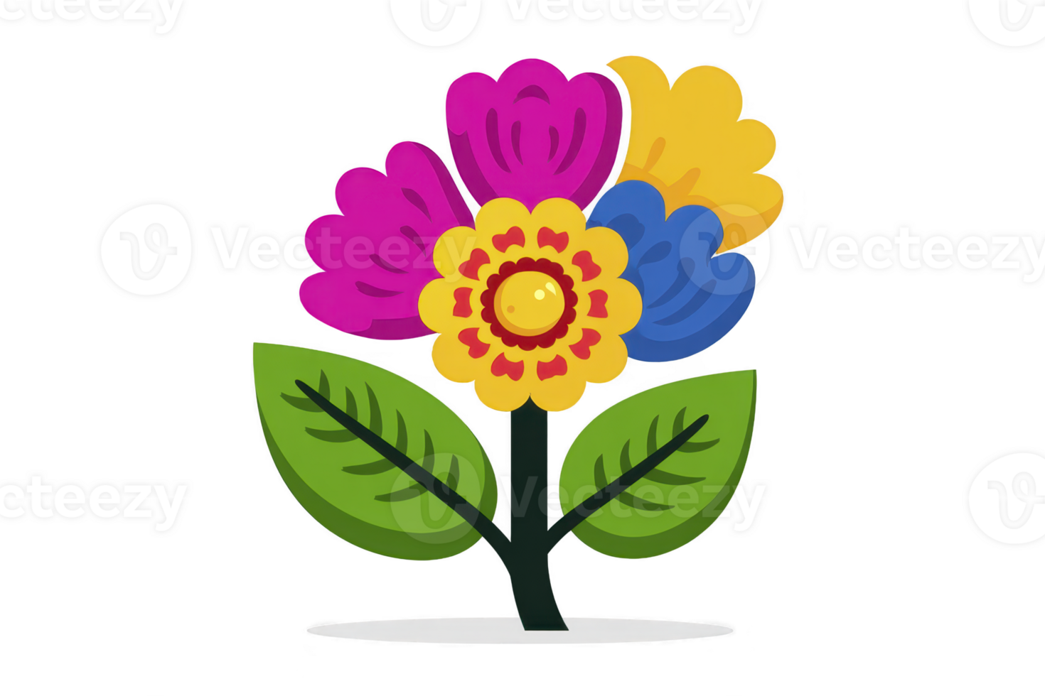 Vibrant illustration of colorful flower bouquet with pink, yellow, and blue petals, and green leaves, creating cheerful and lively design png