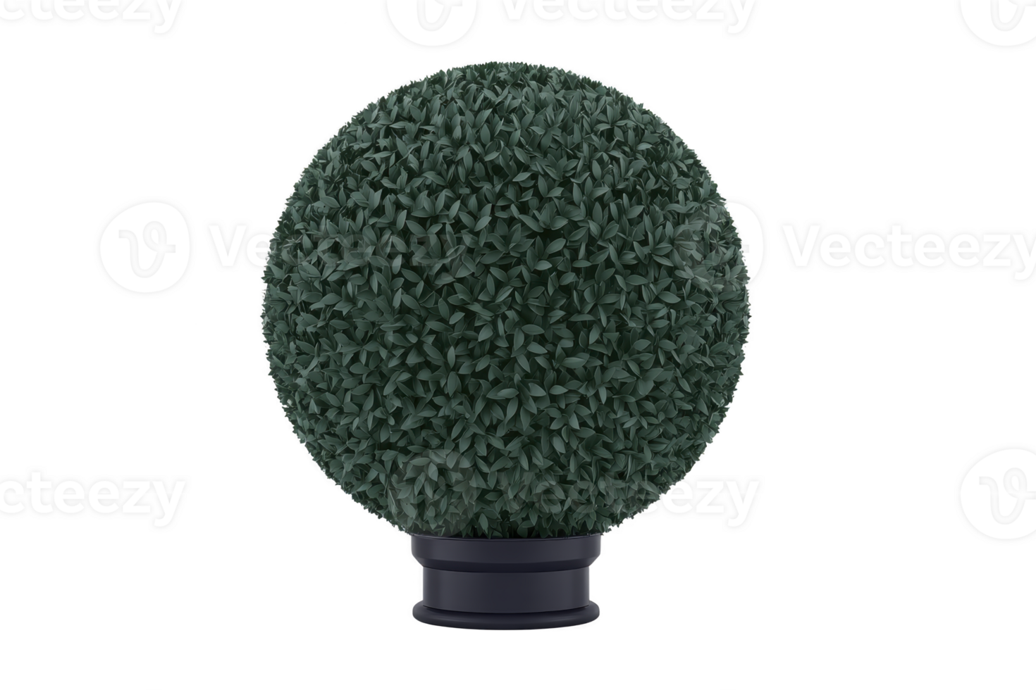 Round, lush green artificial topiary plant sits in black pot, perfect for indoor or outdoor decoration. Its dense foliage and spherical shape add touch of elegance to any space png