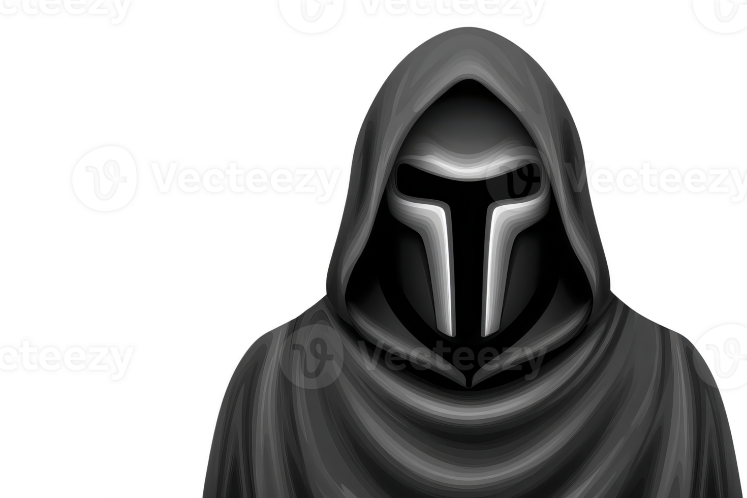 Mysterious hooded figure in dark cloak with glowing mask stands against transparency background, evoking sense of intrigue and enigma png