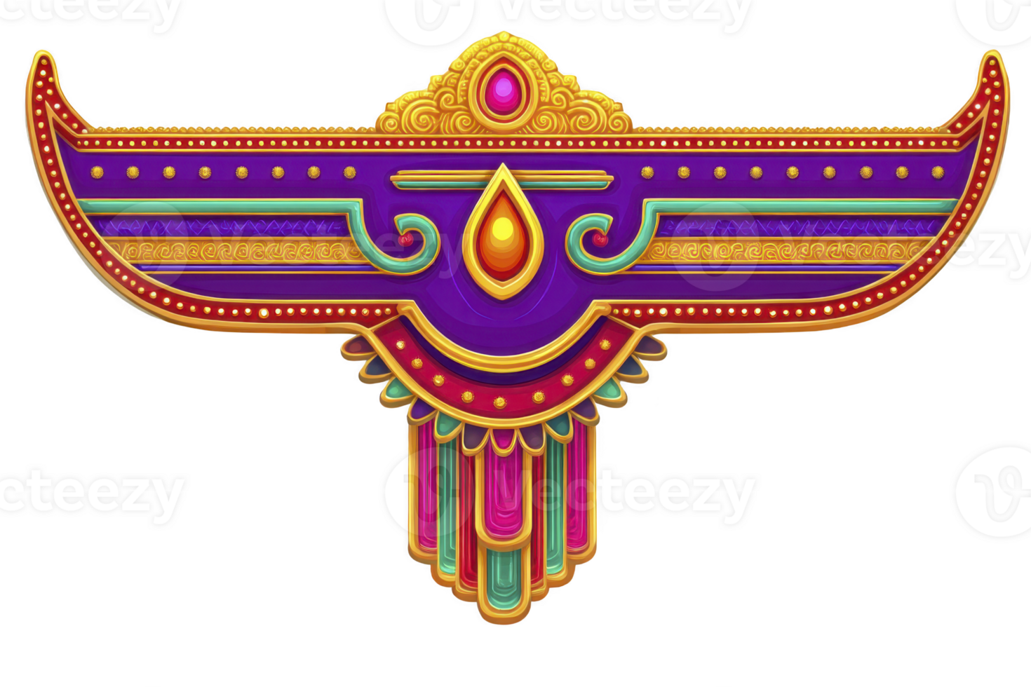 Vibrant, ornate design featuring intricate patterns in gold, purple, and pink, resembling decorative emblem or crest with symmetrical layout and jewel like accents png