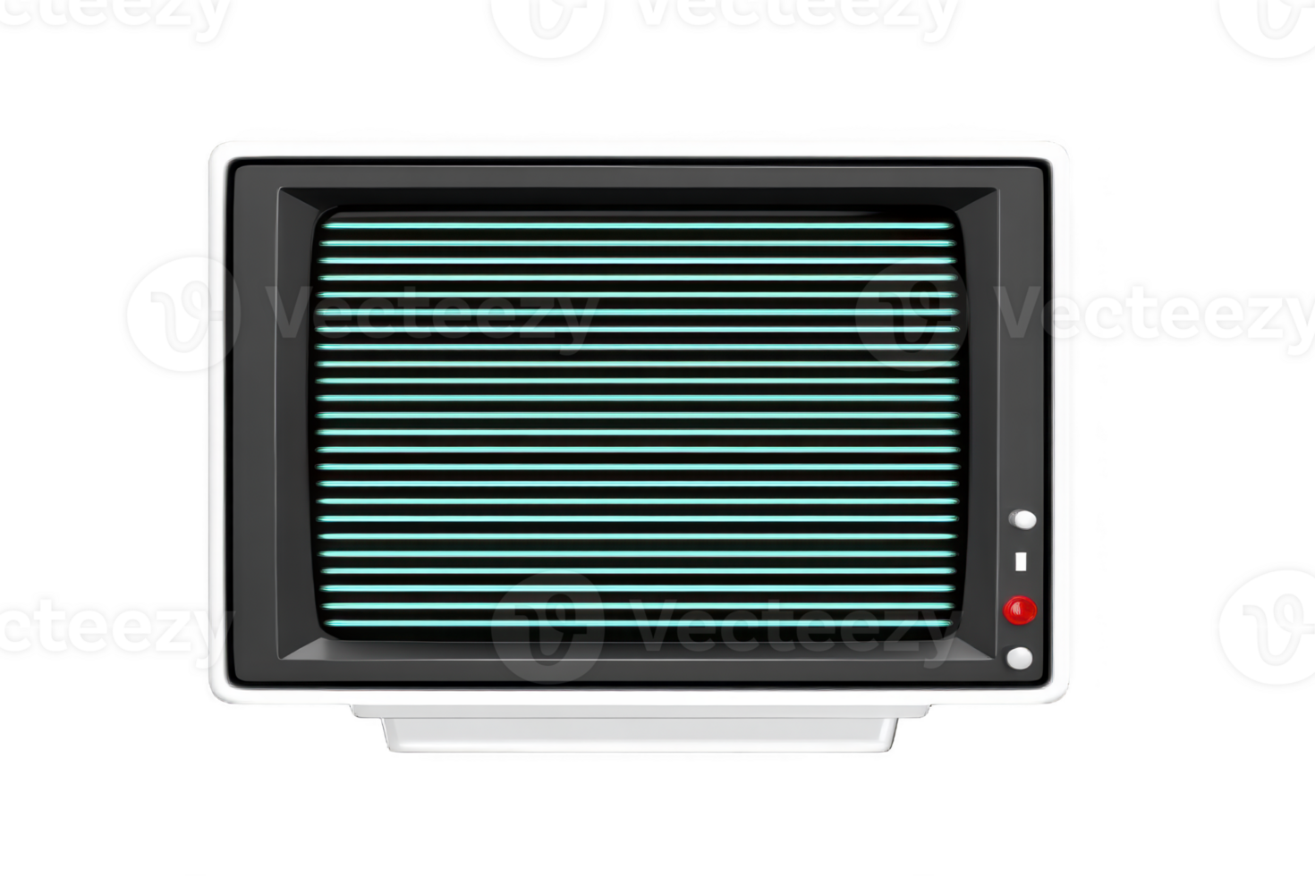 Retro style television with square screen and horizontal lines evokes nostalgia. design features black frame with white border and red button, reminiscent of vintage electronics png