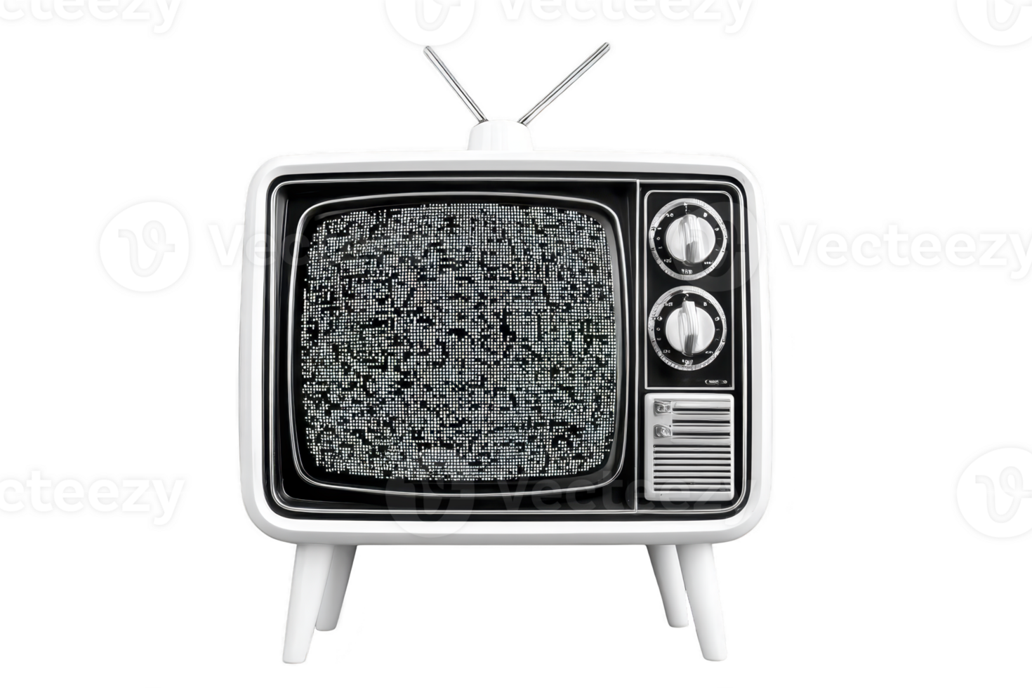 Vintage television with static on screen, featuring retro design with dials and antenna, evokes nostalgia. classic style and monochrome display highlight its historical charm png