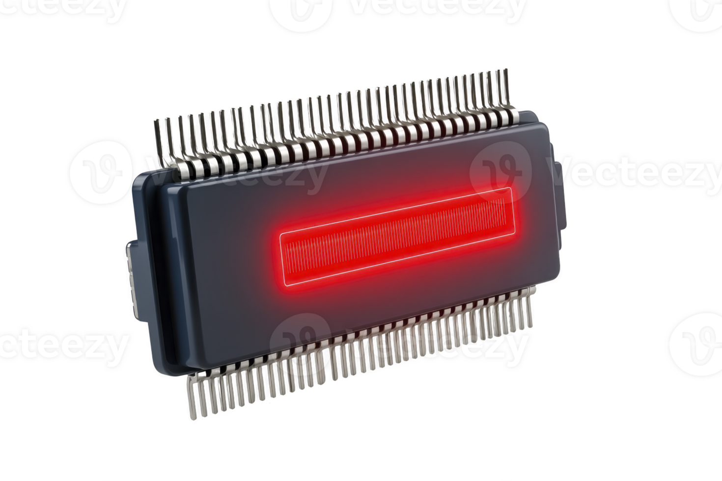 Microchip with glowing red light in center, surrounded by numerous metallic pins, symbolizes advanced technology and futuristic design png