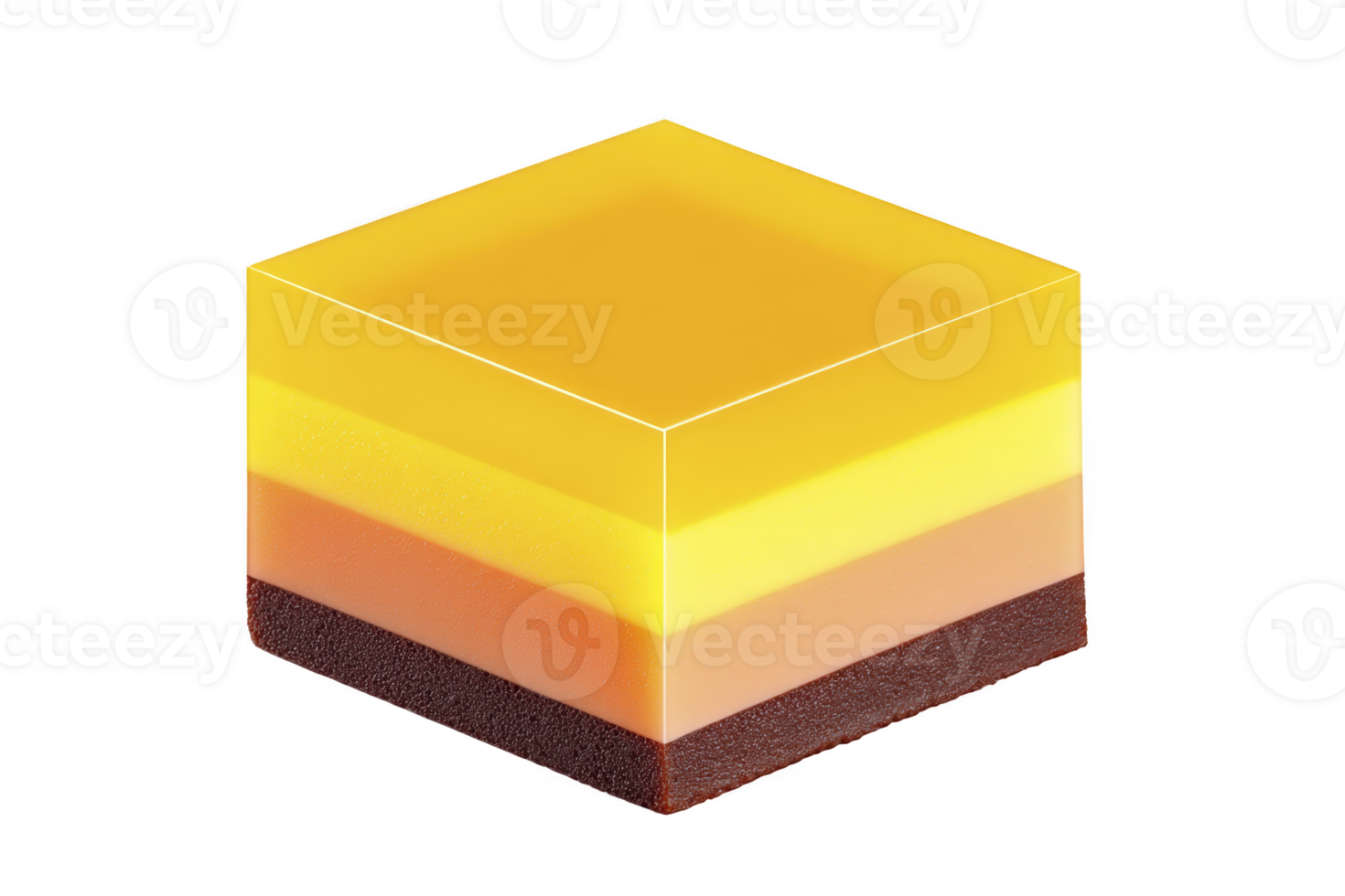 Vibrant, layered dessert cube featuring yellow, orange, and brown layers, resembling jelly or mousse treat. geometric shape and bright colors create visually appealing and modern look png