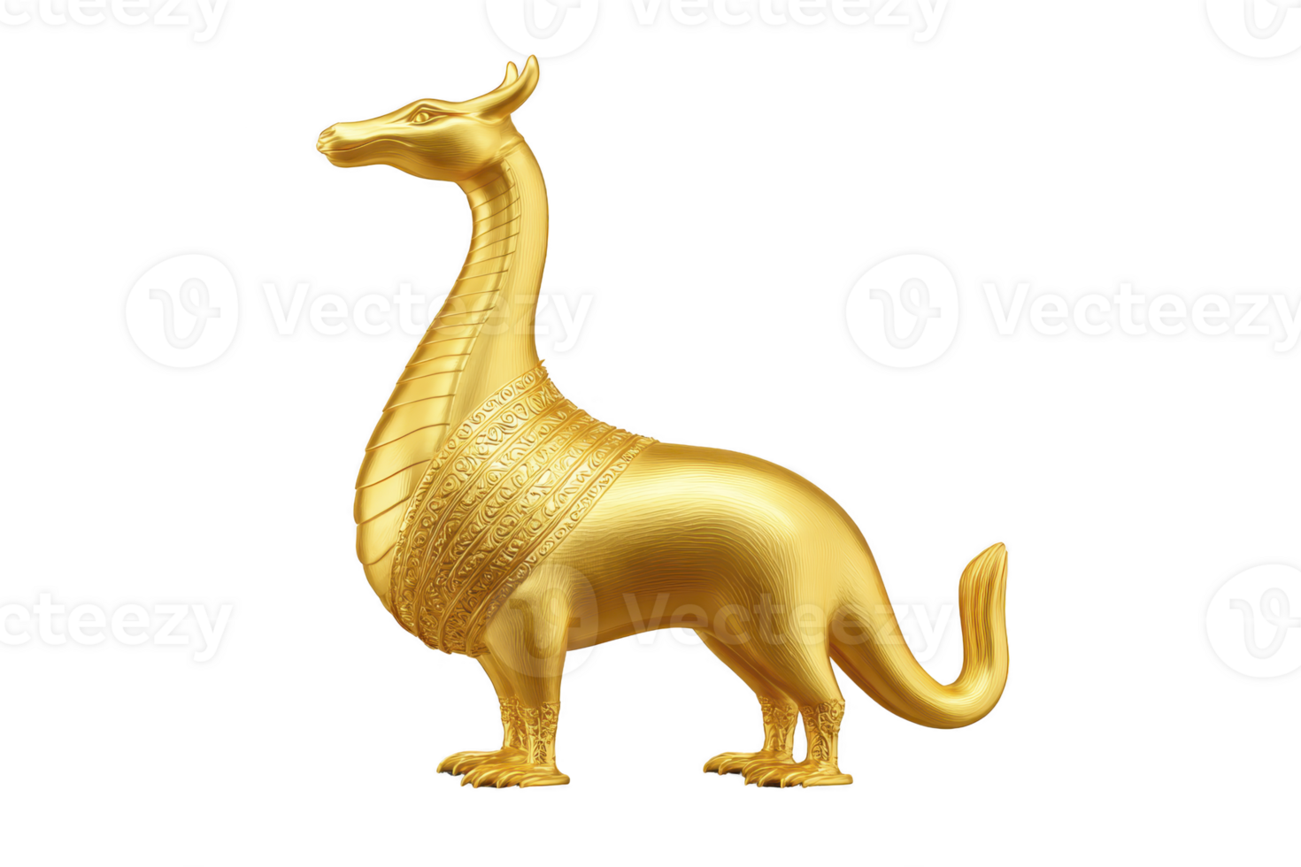Golden dragon statue stands majestically, showcasing intricate details and smooth finish, symbolizing power and elegance. mythical creature exudes sense of grandeur and mystique png