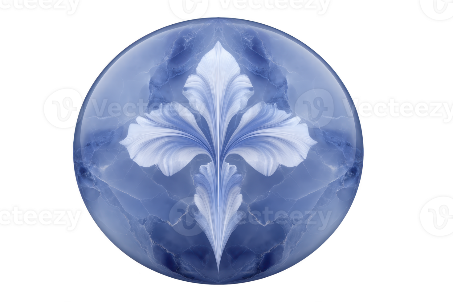 Circular design features symmetrical, floral pattern in shades of blue and white, resembling stylized fleur de lis. intricate details and marble like texture create elegant and artistic appearance png
