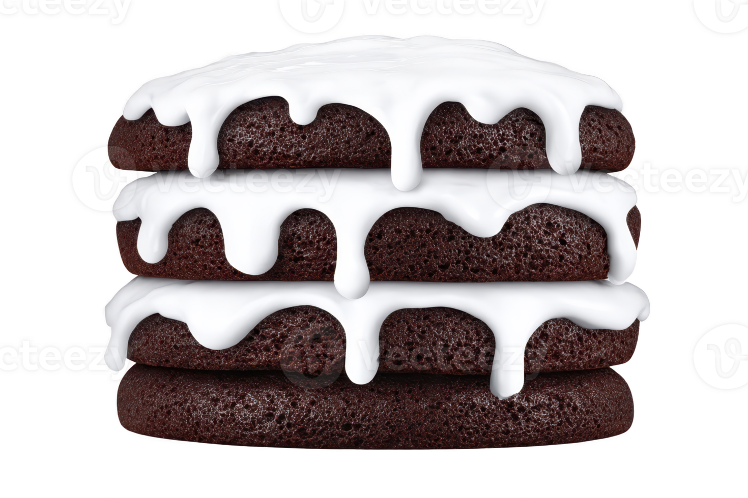 Stack of three chocolate cakes is layered with smooth, dripping white icing, creating tempting and indulgent dessert. rich, dark texture contrasts with glossy icing png