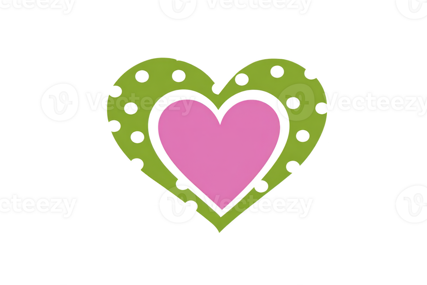 Pink heart is surrounded by green heart with black polka dots, creating playful and whimsical design. contrasting colors and patterns add fun and lively touch png
