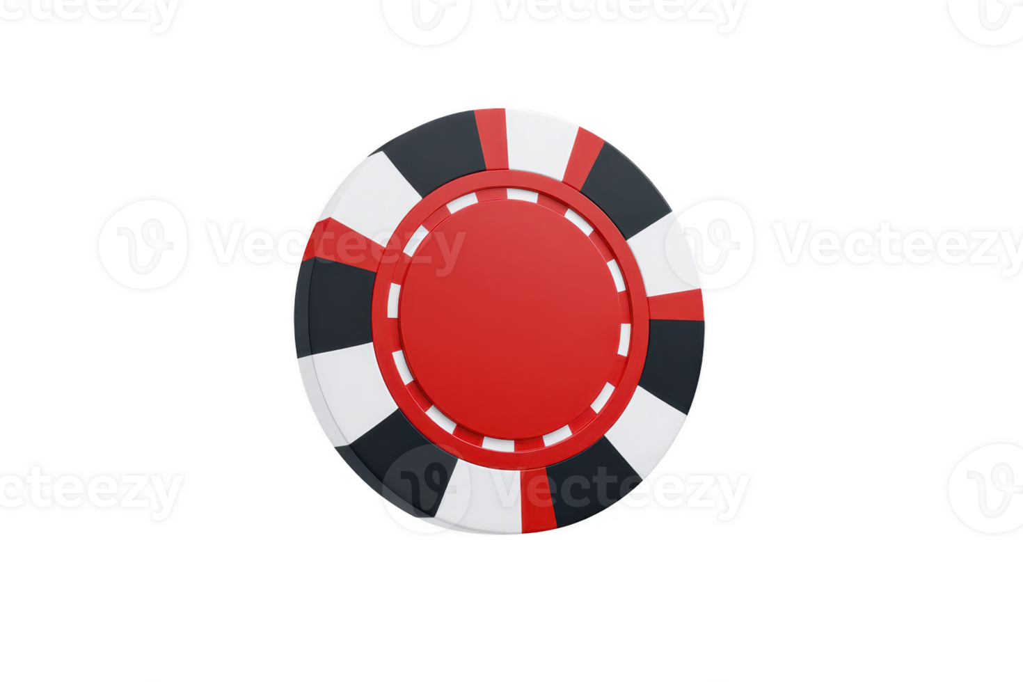 Red and black poker chip with white border is depicted, symbolizing gambling and casino games. chip is isolated on transparency background, emphasizing its design and color contrast png