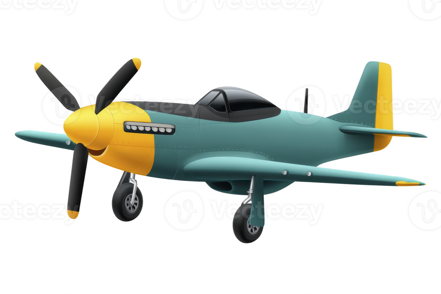 Colorful vintage propeller airplane with yellow nose and teal body, featuring sleek design and classic style. aircraft is shown in side view, highlighting its retro charm png