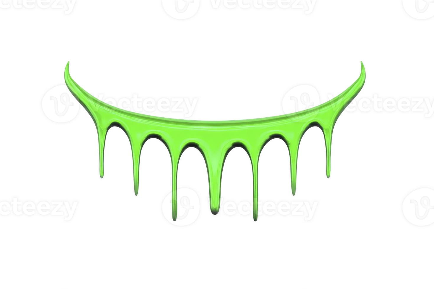 Vibrant green slime drips in curved, smile like shape against transparency background, creating playful and eerie effect. glossy texture and bright color add dynamic, eye catching element png