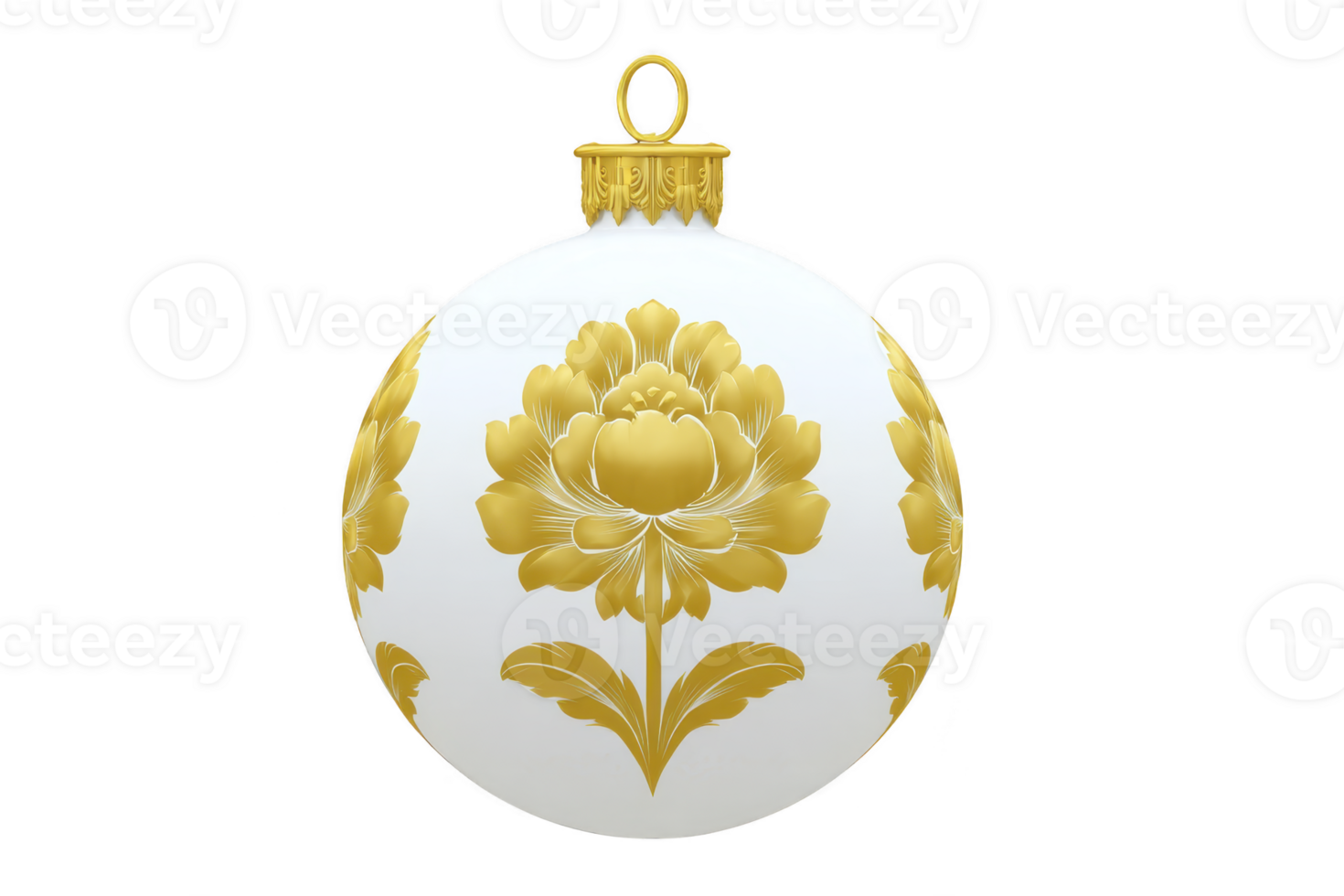 White Christmas ornament adorned with elegant gold floral patterns and decorative top loop. intricate design adds touch of sophistication, perfect for festive decor png