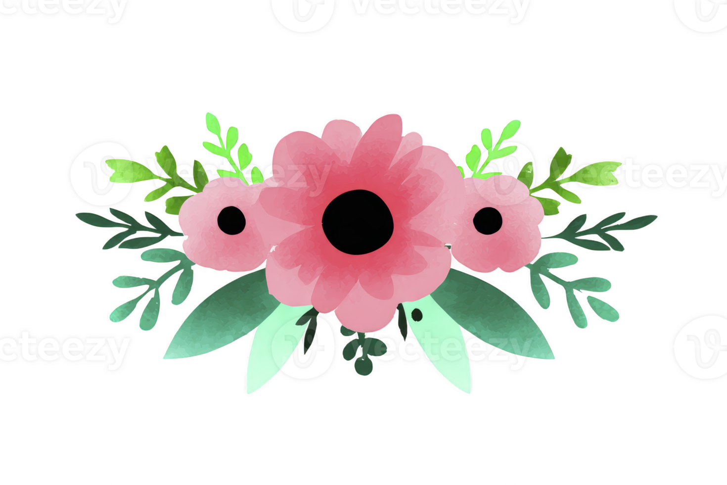 Watercolor floral arrangement featuring pink flowers with dark centers, surrounded by green leaves and foliage, creating fresh and vibrant design png