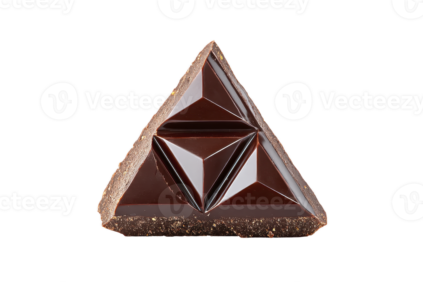 Piece of triangular dark chocolate with glossy surface and textured edges, showcasing geometric design. rich color and intricate shape make it visually appealing and tempting png