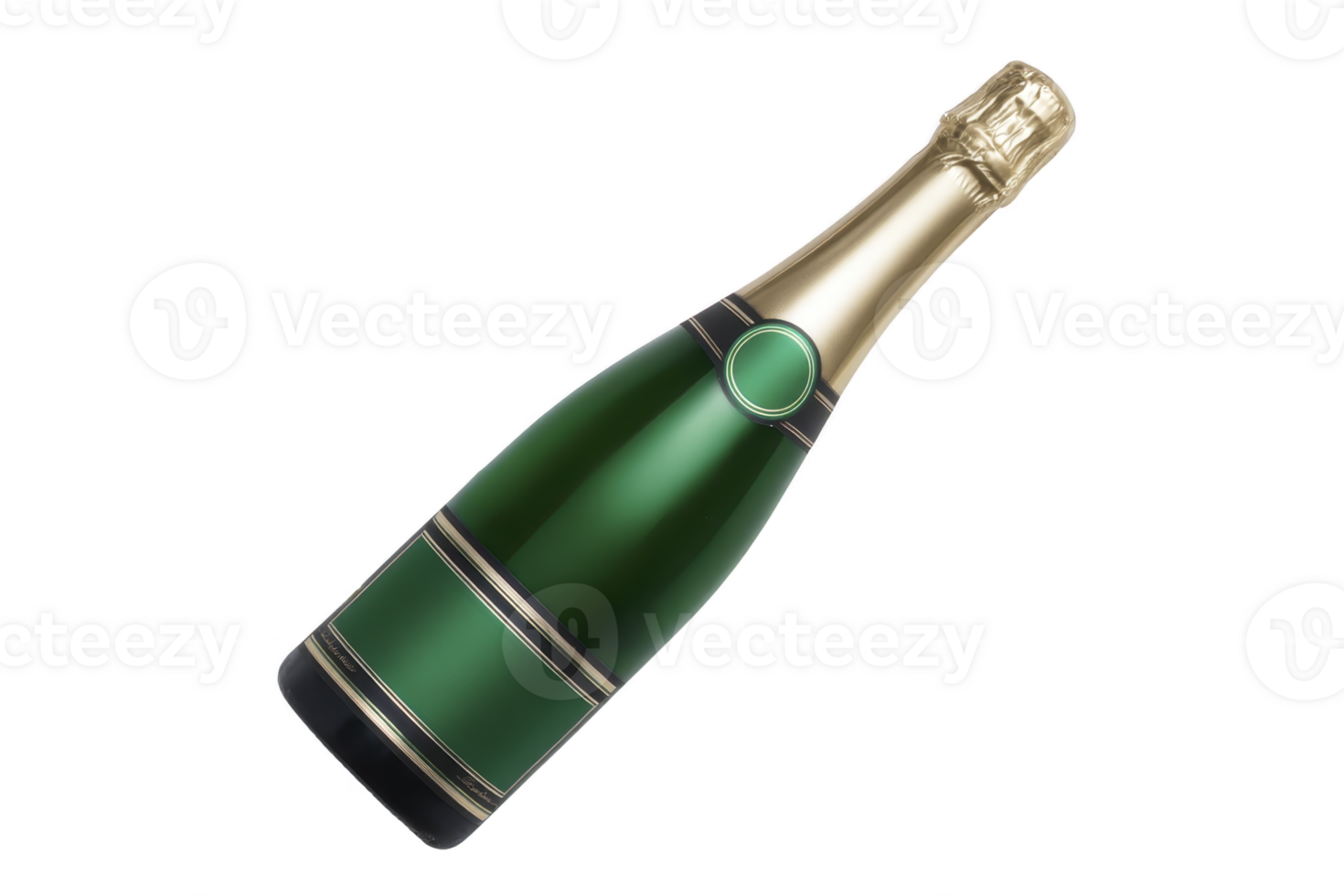 Green and gold champagne bottle with elegant detailing, perfect for celebrations and special occasions. bottle is tilted, showcasing its luxurious design and festive appeal png