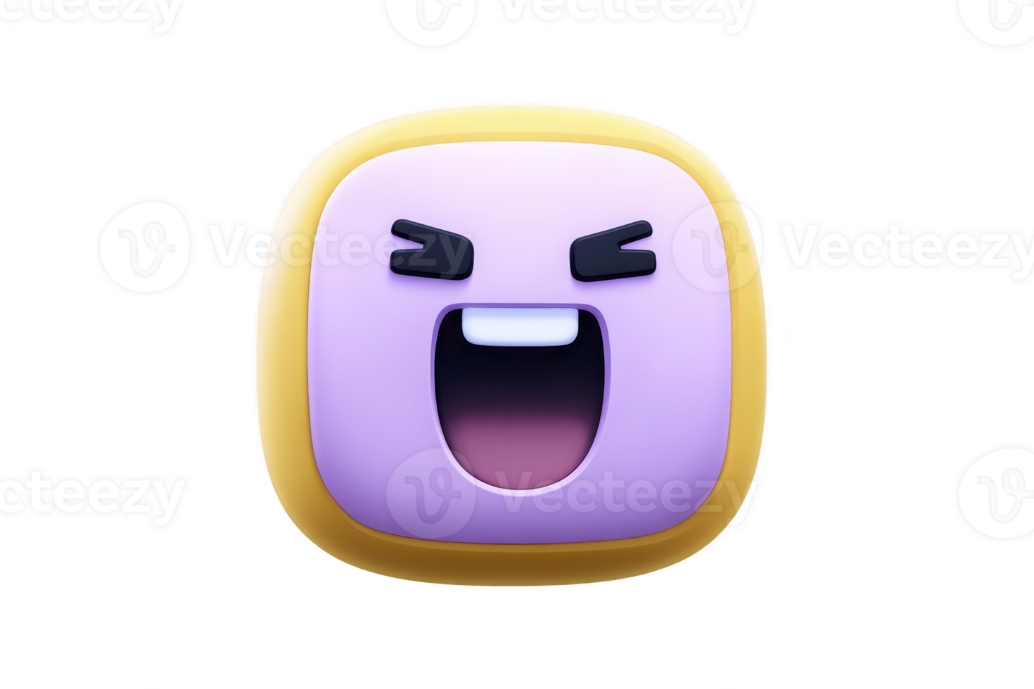 3D purple emoji with yellow border displays joyful expression, featuring closed eyes and open mouth. design is playful and vibrant, conveying excitement or laughter png