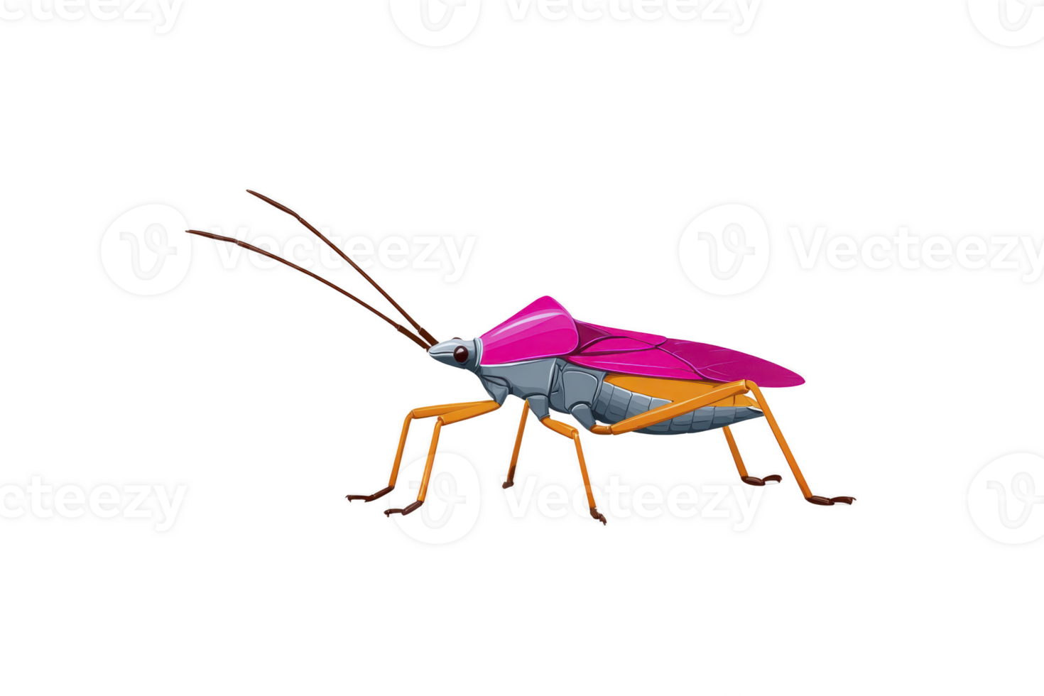 Colorful, stylized illustration of bug with vibrant pink wings, orange legs, and metallic body, showcasing futuristic design. insect antennae are long and detailed png