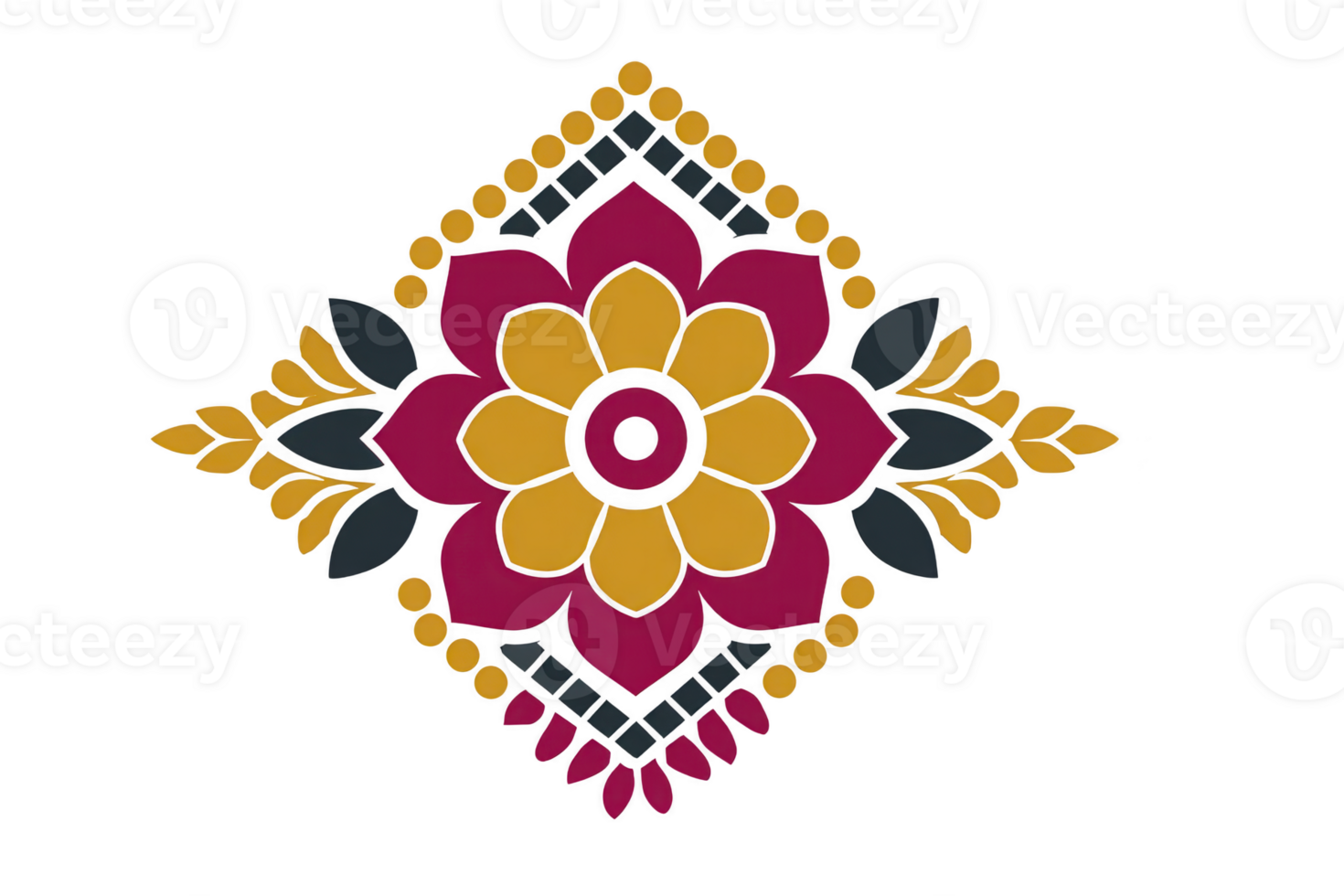 Vibrant geometric floral design features central pink and yellow flower with symmetrical leaves and dots, creating balanced and decorative pattern png