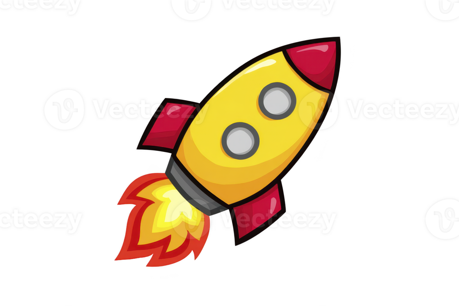 Colorful cartoon rocket with yellow body and red fins is depicted, showing fiery exhaust as it launches into space. playful design conveys excitement and adventure png