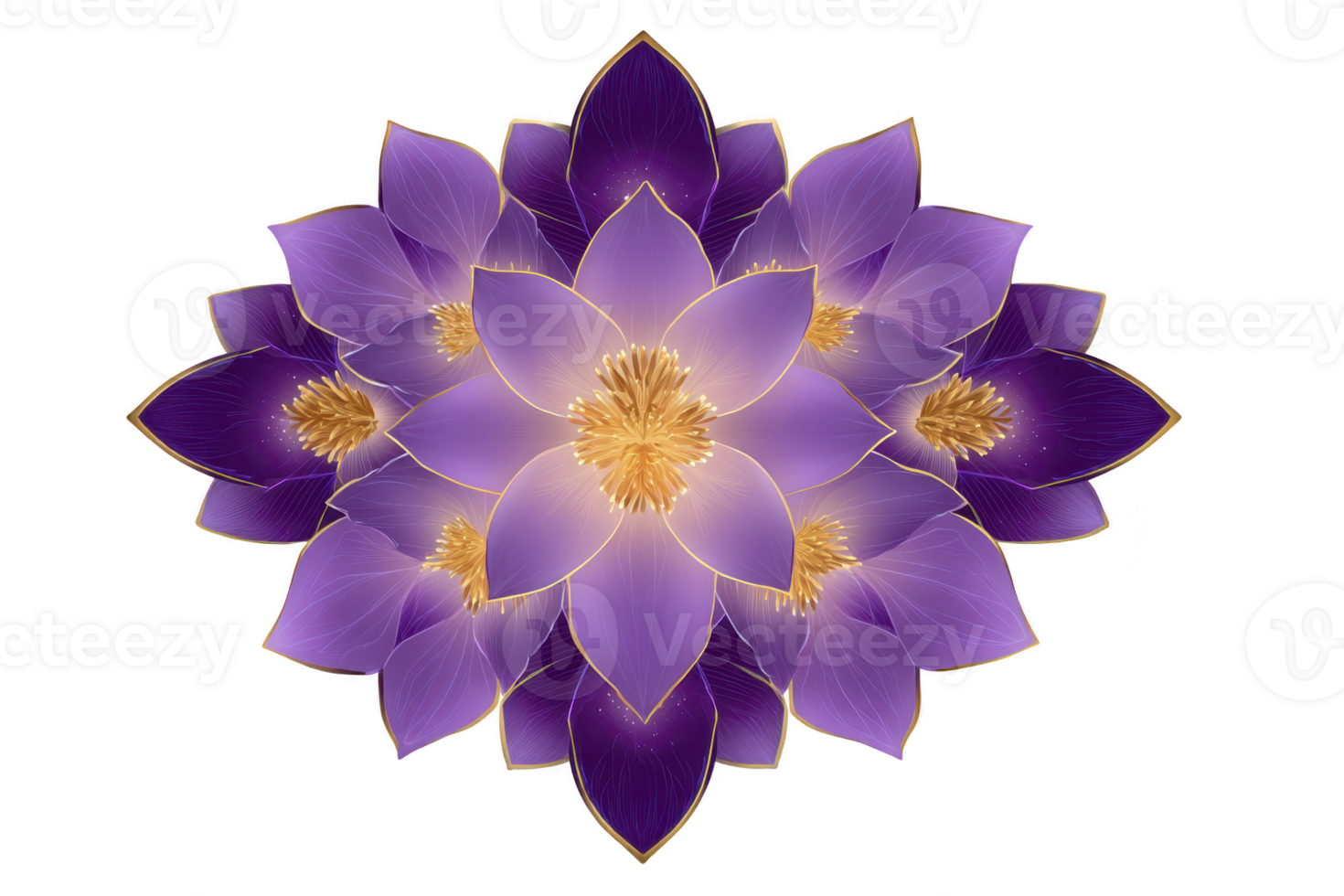 Vibrant mandala design featuring layers of purple and gold lotus petals, creating symmetrical and harmonious pattern. intricate details and rich colors evoke sense of tranquility and balance png