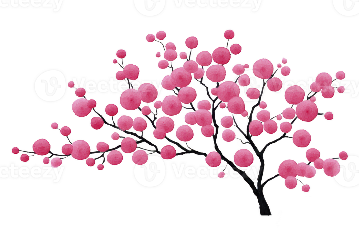 Vibrant illustration of cherry blossom tree with pink flowers and dark branches, evoking sense of spring and renewal. blossoms are round and clustered, creating lively and cheerful appearance png