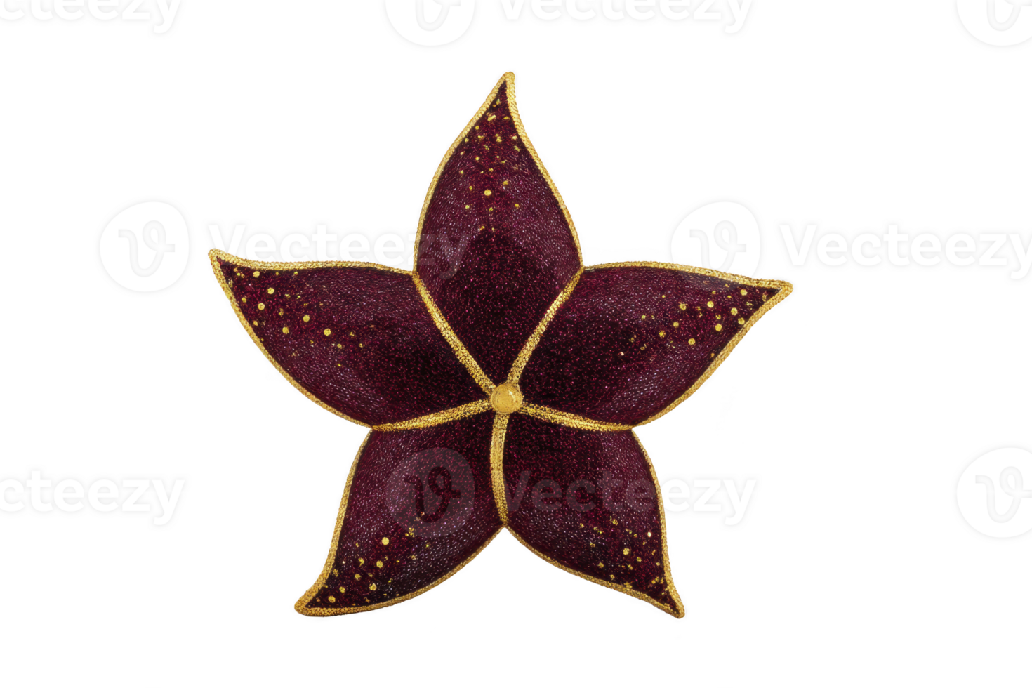 Decorative star shaped ornament with rich maroon color and gold accents, featuring intricate patterns and central gold dot, perfect for festive or artistic displays png