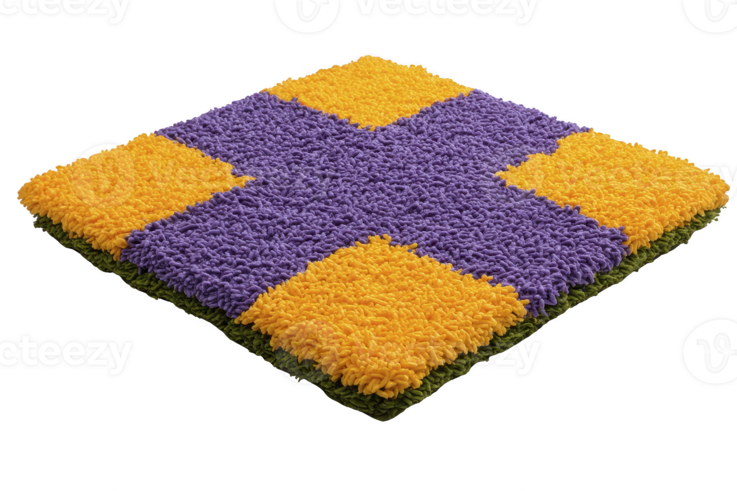 Colorful, textured square rug features bold purple cross pattern against vibrant yellow background, creating striking visual contrast. rug fluffy texture adds depth and interest png