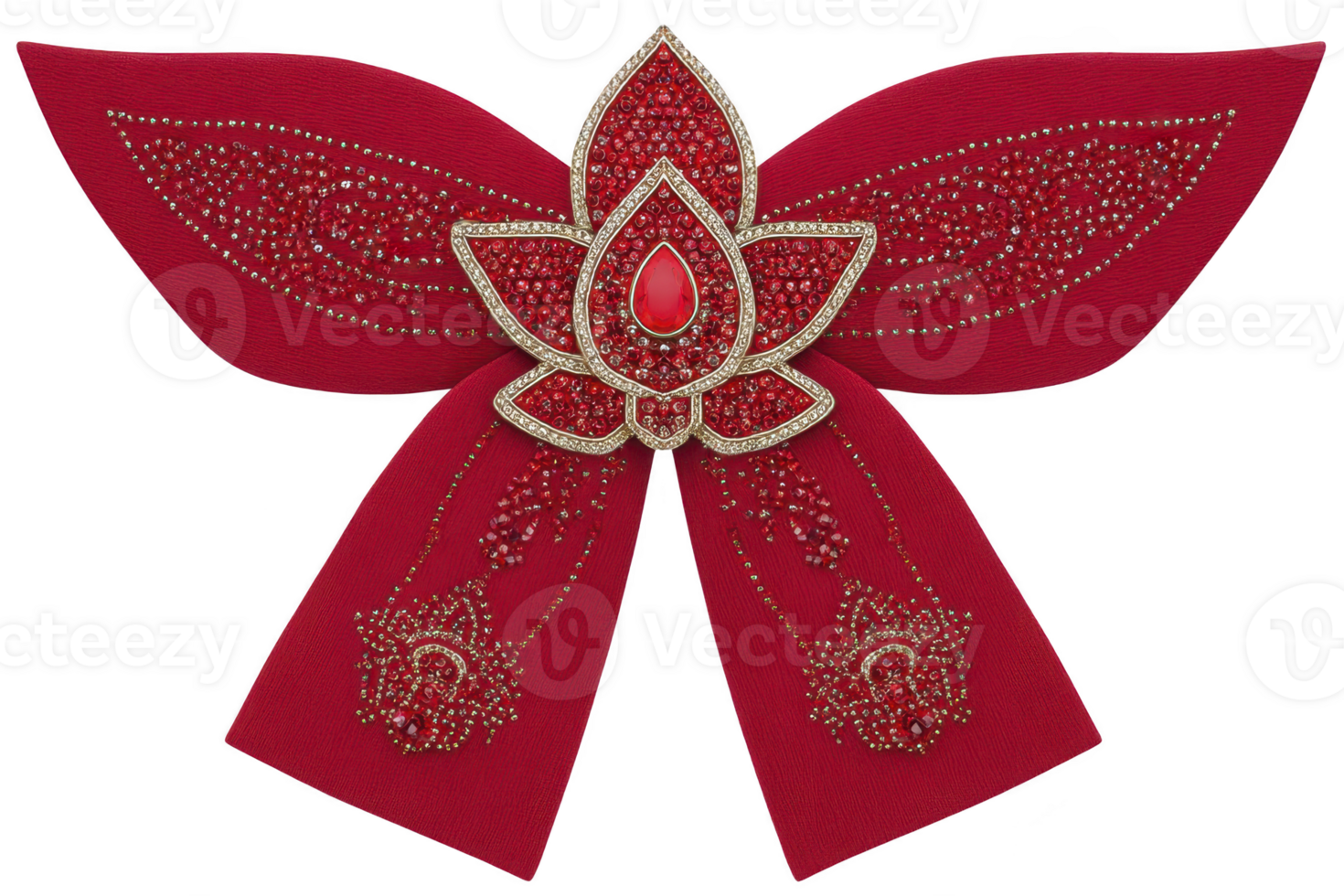 Decorative red fabric ornament features intricate lotus design adorned with beads and rhinestones, creating elegant and festive appearance. symmetrical pattern enhances its visual appeal png