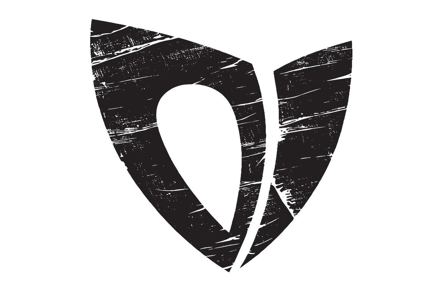 Bold abstract shield logo design in black and white with distressed, scratched grunge texture. Perfect for edgy branding, tech, fashion, or sports logo applications. vector