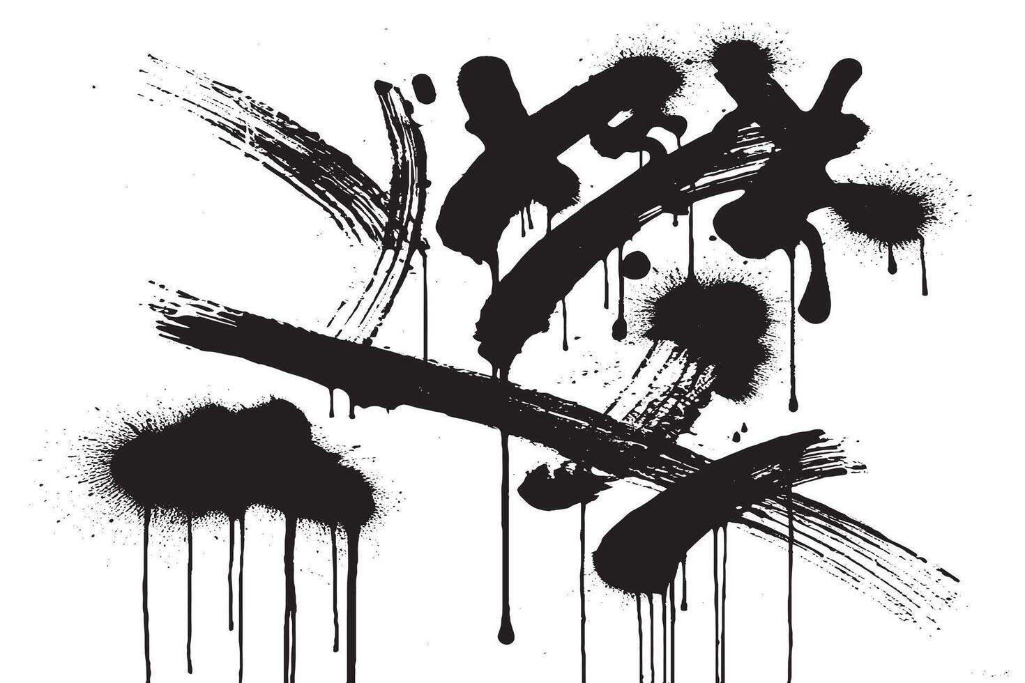 Dynamic black ink splatter artwork with expressive brush strokes. Ideal for urban decor, posters, and graphic projects. Perfect for abstract art lovers and contemporary visual themes. vector
