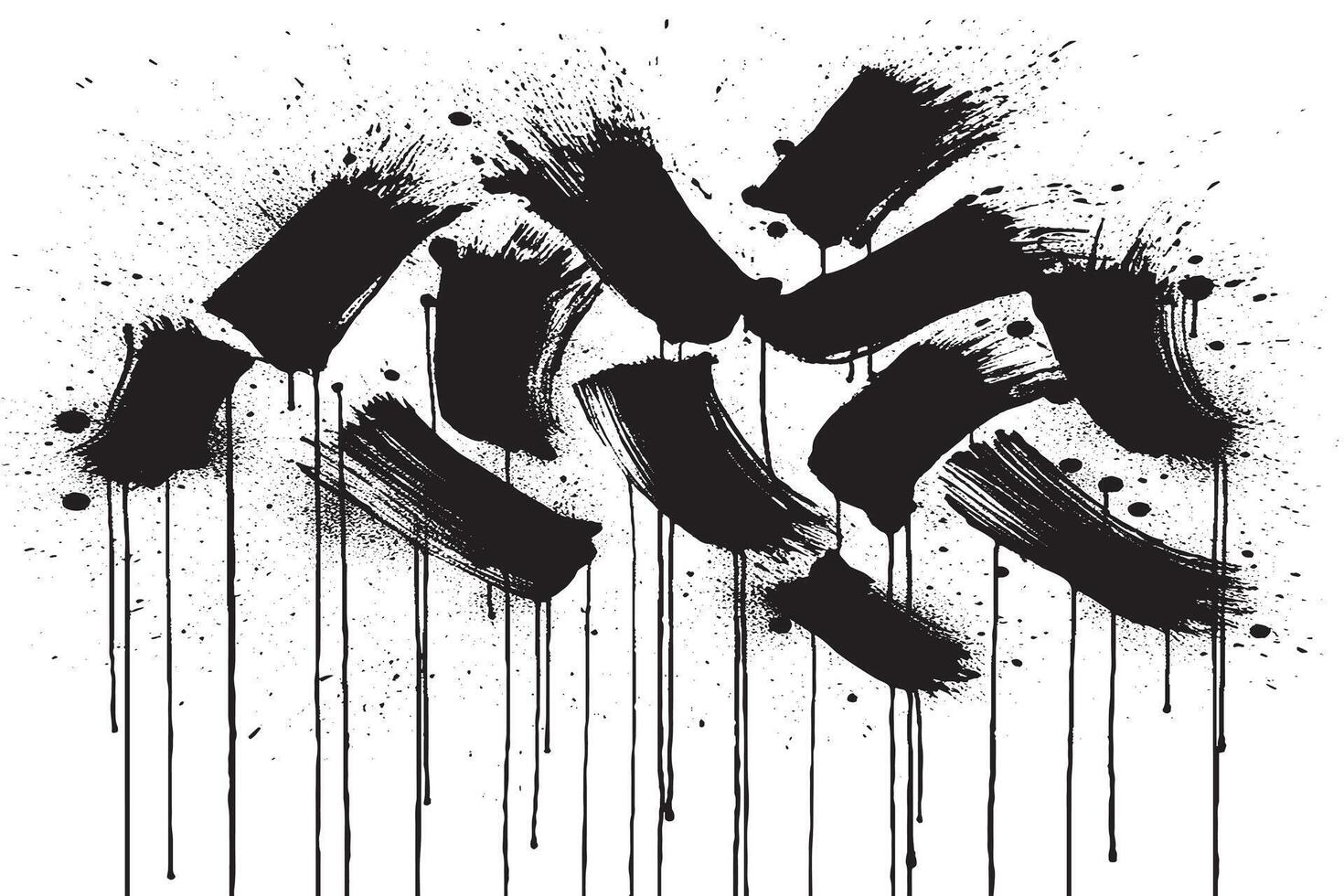 Abstract black brush strokes with dripping ink effect on white background perfect for edgy designs, digital art, and urban-style prints. High-contrast grunge for creative visuals. vector