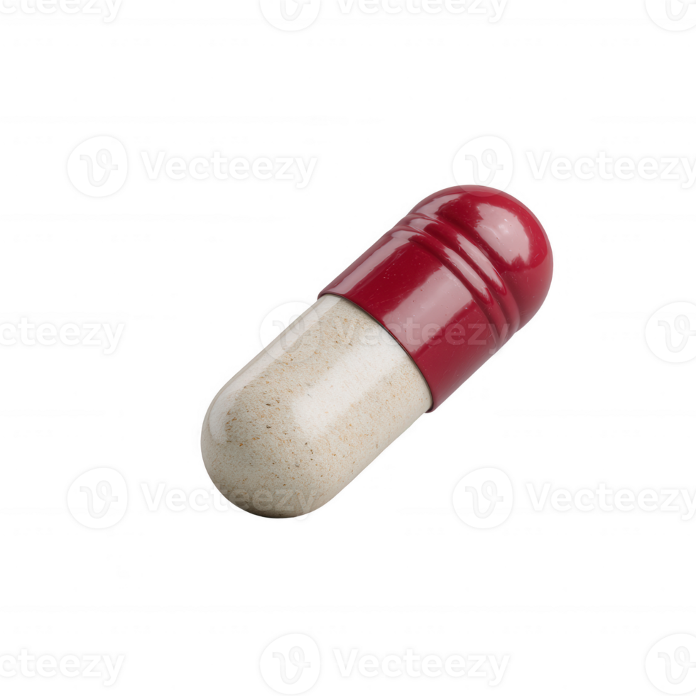 A single red and beige capsule isolated on a white background, representing medication or dietary supplements for health and wellness. png