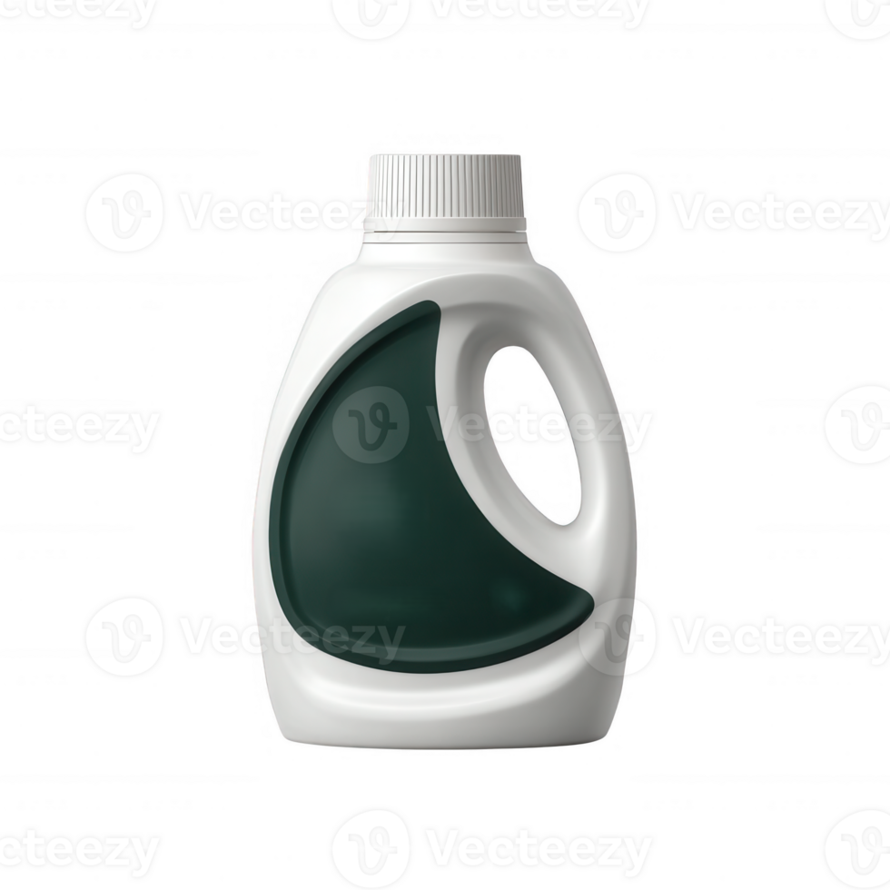 A sleek and modern bottle of laundry detergent with an ergonomic design, featuring a dark green accent against a white background. Perfect for promoting cleaning products. png