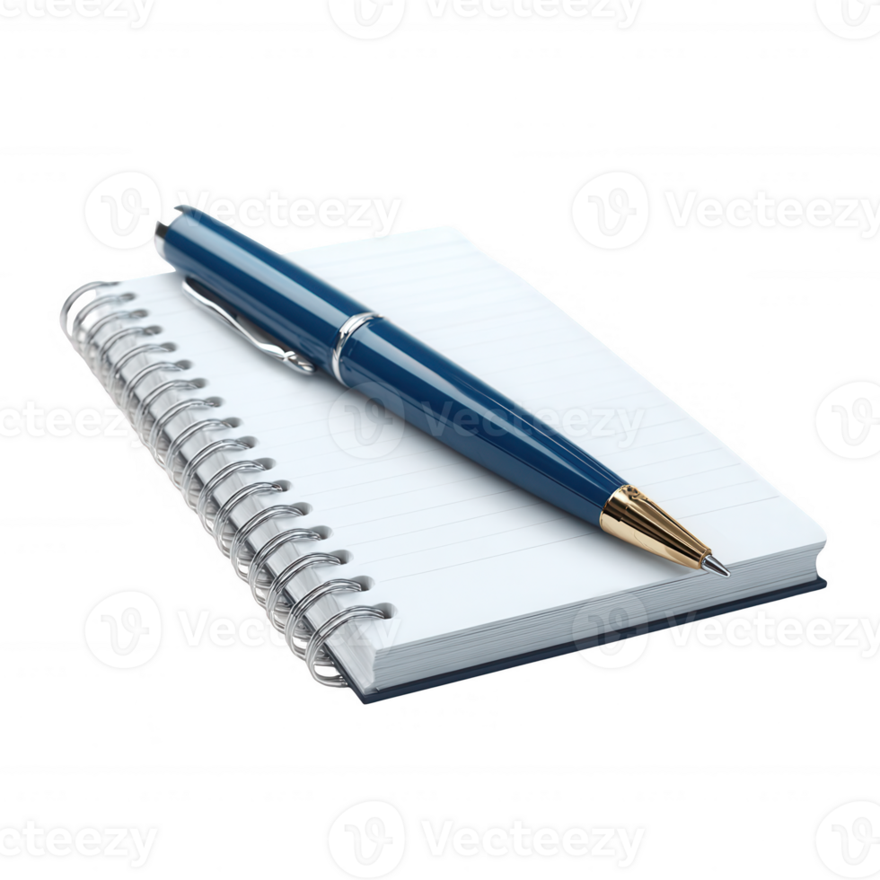 A sleek blue pen rests on an open spiral notebook with blank pages, symbolizing productivity and creativity in the workplace. png