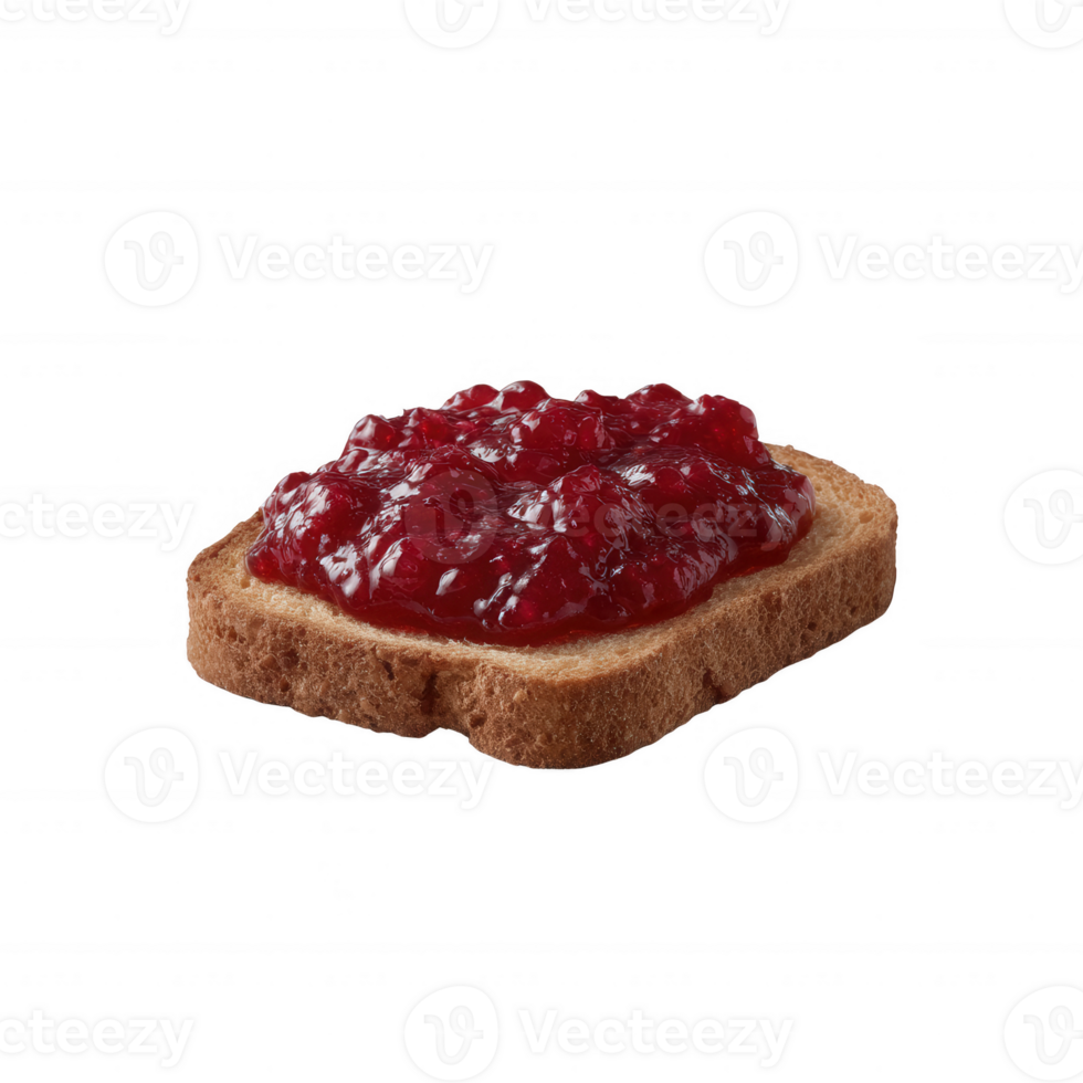 A slice of brown bread topped with a generous layer of red fruit jam, isolated on a white background. Perfect for breakfast or as a snack. png