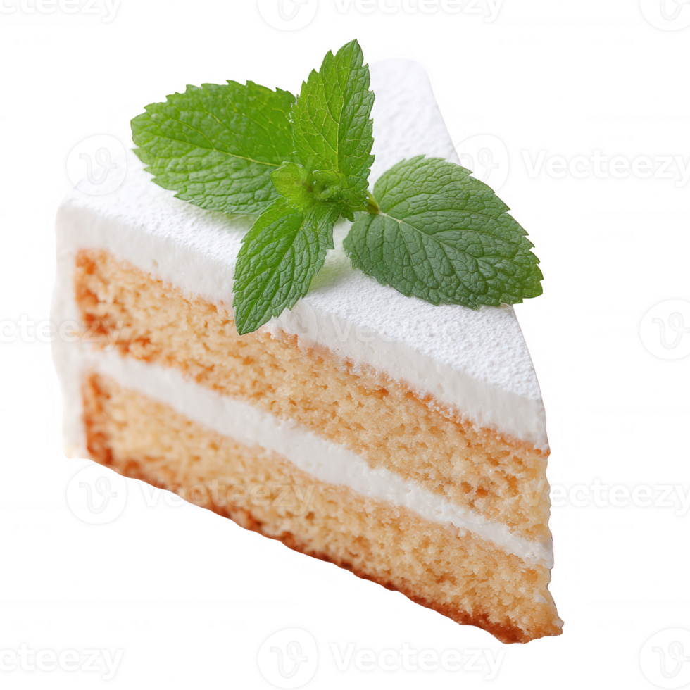 A slice of vanilla cake with creamy frosting and a fresh mint leaf, displayed on a white isolated background. png