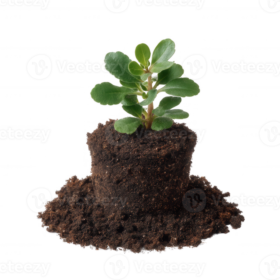 A small green plant emerges from rich, dark soil, symbolizing growth and renewal. Isolated on a white background, this image highlights the beauty of nature and horticulture. png
